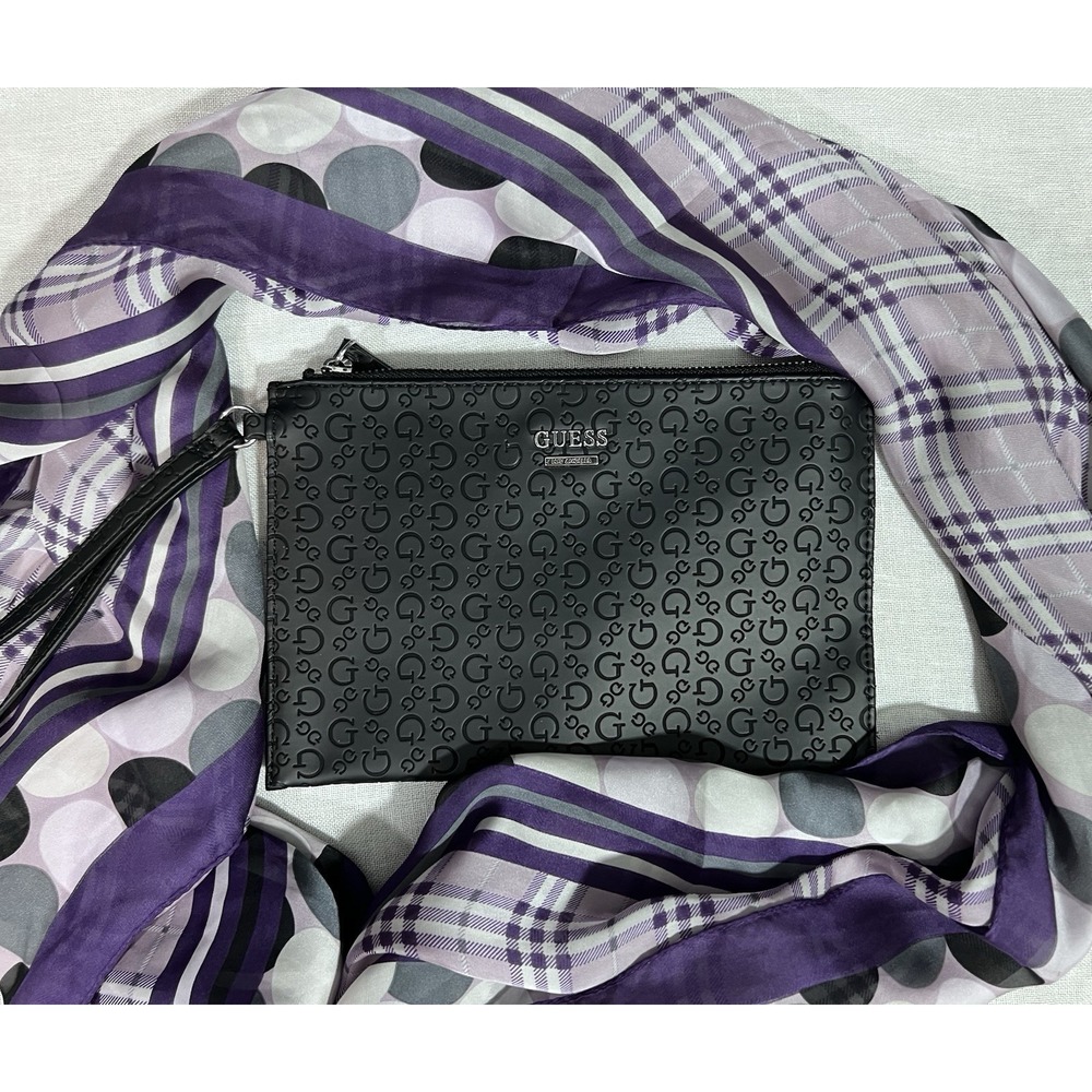 Black GUESS Los Angeles Logo Print Large Zip Coin Bag Wallet Wristlet Free Gift